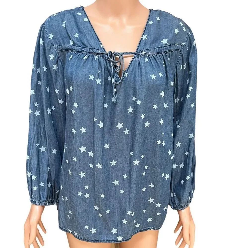 Cato star print peasant style blouse top chambray size 18/20W